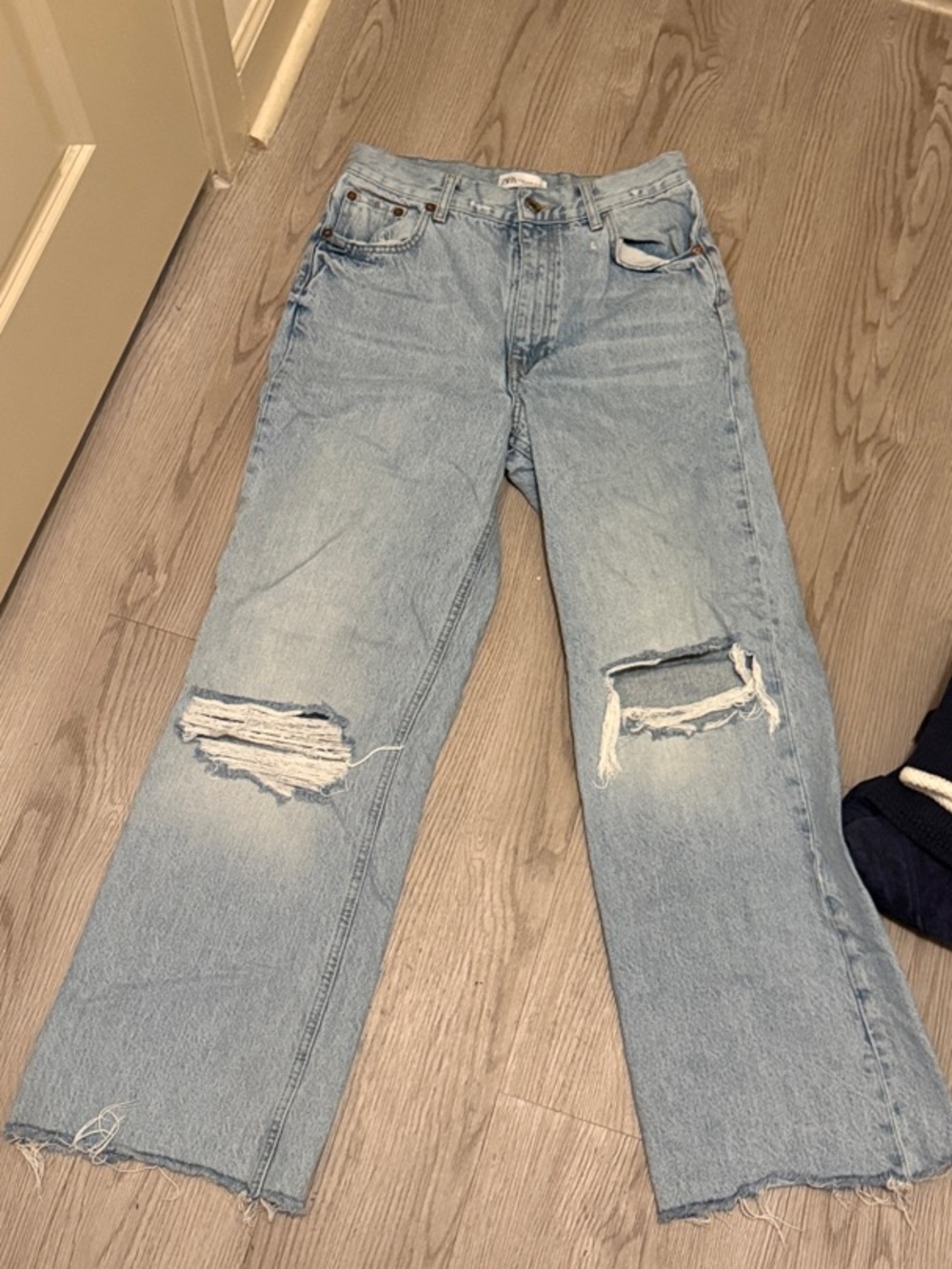Zara Light Blue Distressed high waist  Wide-Leg Jeans